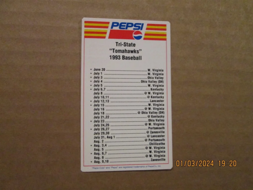 1993 frontier league tri-state tomahawks pocket schedule